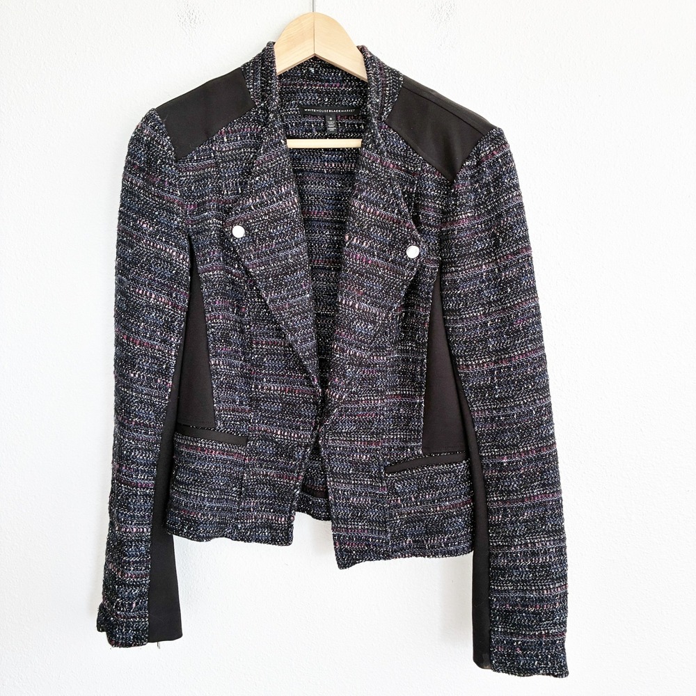White House Black Market Tweed Blazer Womens 8 Multicolor Moto Jacket